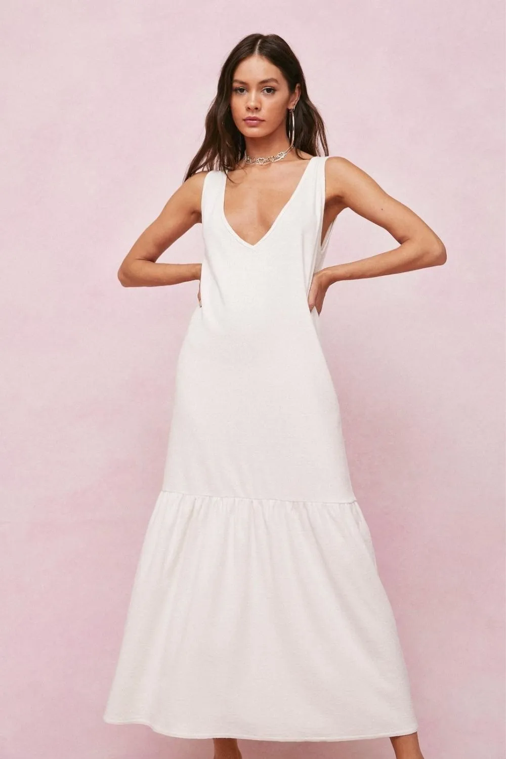 Ruffle Hem V Neck Maxi Dress