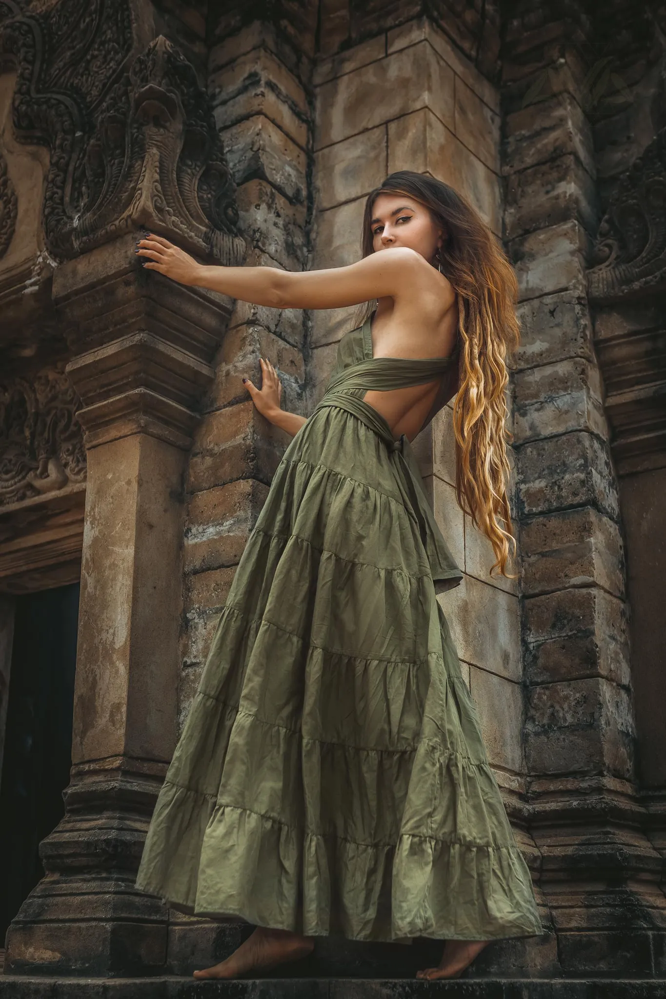 Sage Green Bohemian Adjustable Dress •  Evening Open Back Belly Dress