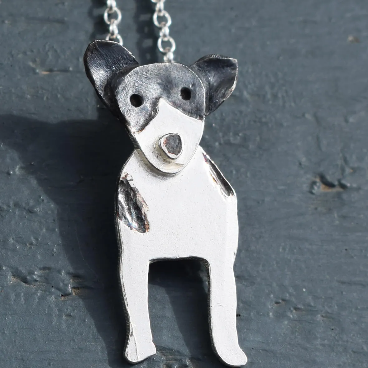 Silver & Oxidised Silver Jack Russell Dog Necklace with Pricked Ears