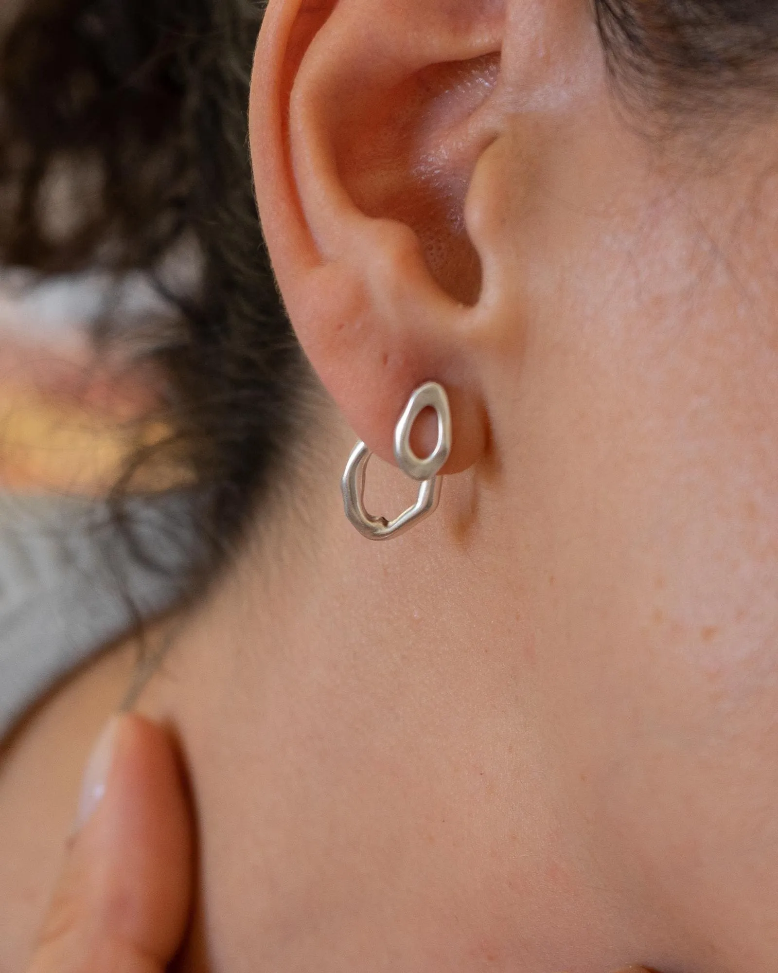 Silver Organic Ear Jackets Simple Oval Stud Earrings