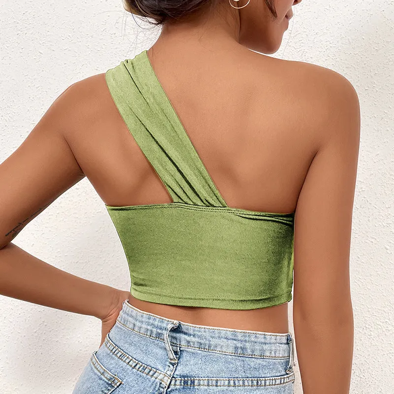 Solid Spliced Sexy Backless One Shoulder Criss Cross Crop Tank Top