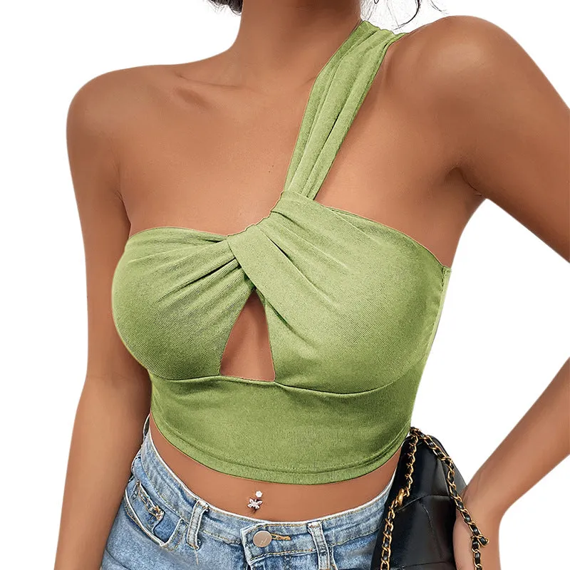 Solid Spliced Sexy Backless One Shoulder Criss Cross Crop Tank Top