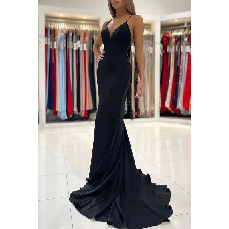 Spaghetti Straps Black Prom Dress Long