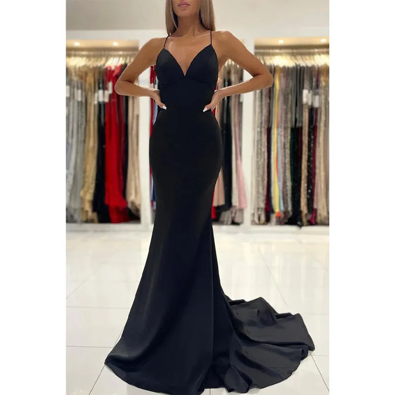 Spaghetti Straps Black Prom Dress Long