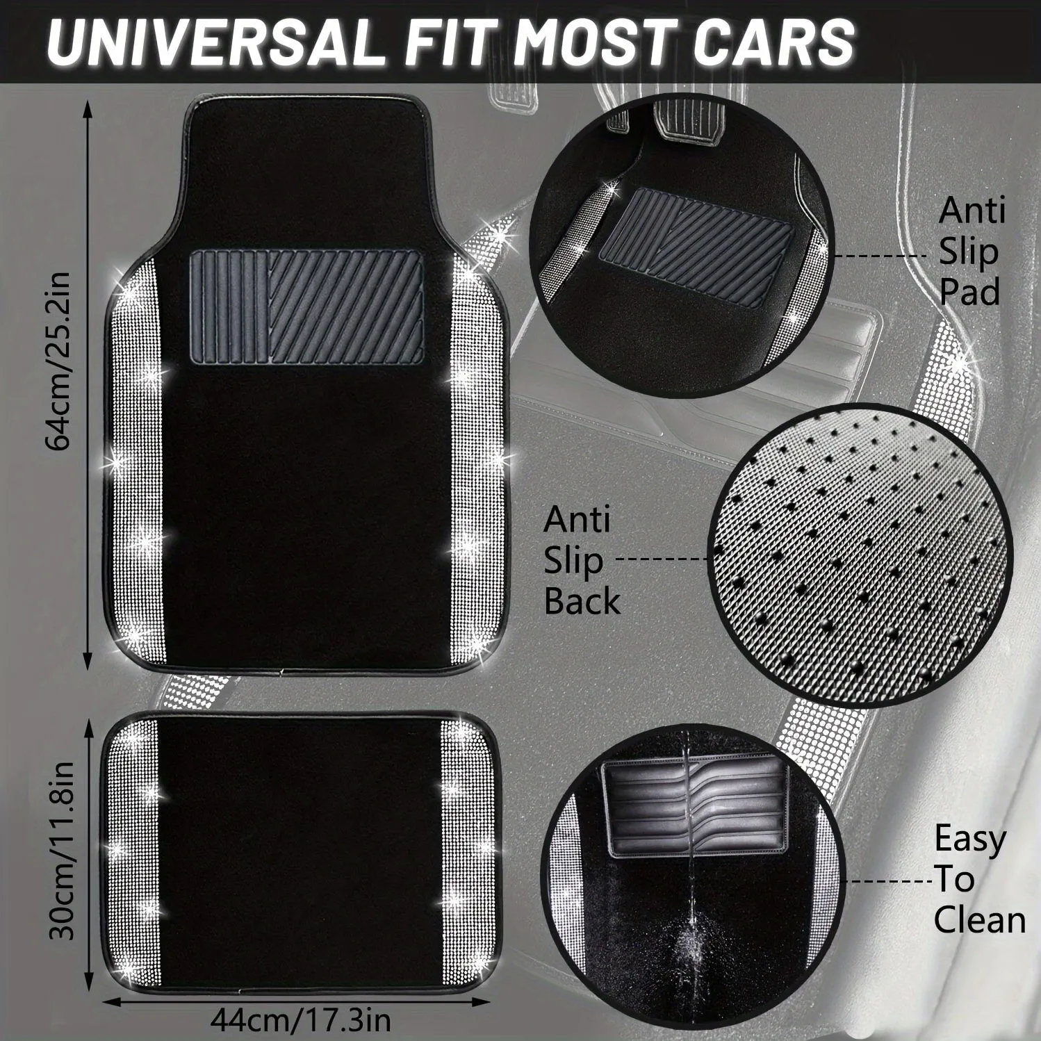 Sparkling Bling Car Floor Mats - Dazzling Full Set for Cars, SUVs & Trucks - Universal Fit with Anti-Slip Glitter Diamond Surface