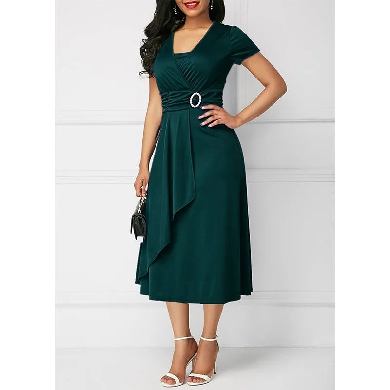 Summer short sleeves peplum flare midi dress | Elegant evening cocktail party dress