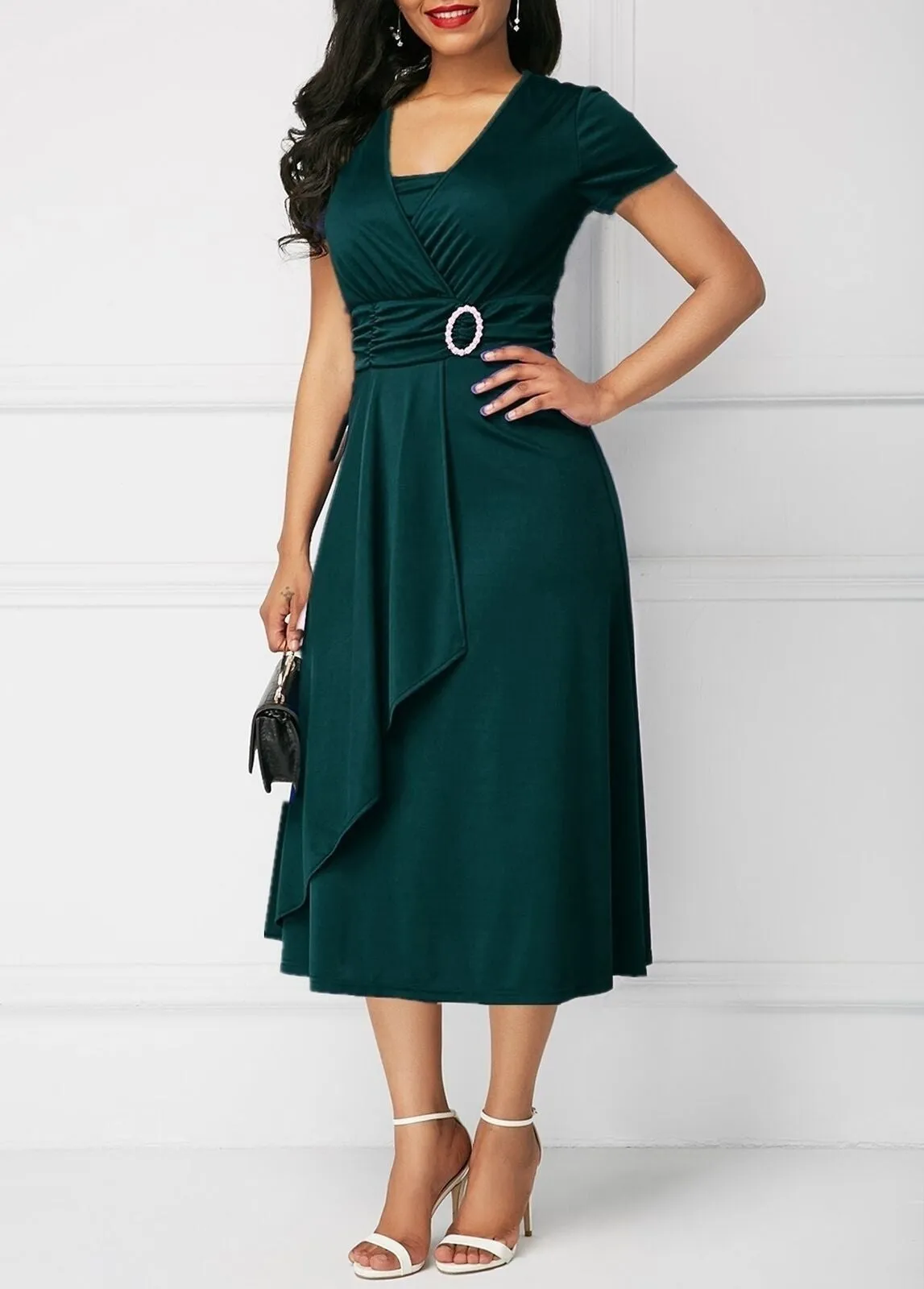 Summer short sleeves peplum flare midi dress | Elegant evening cocktail party dress