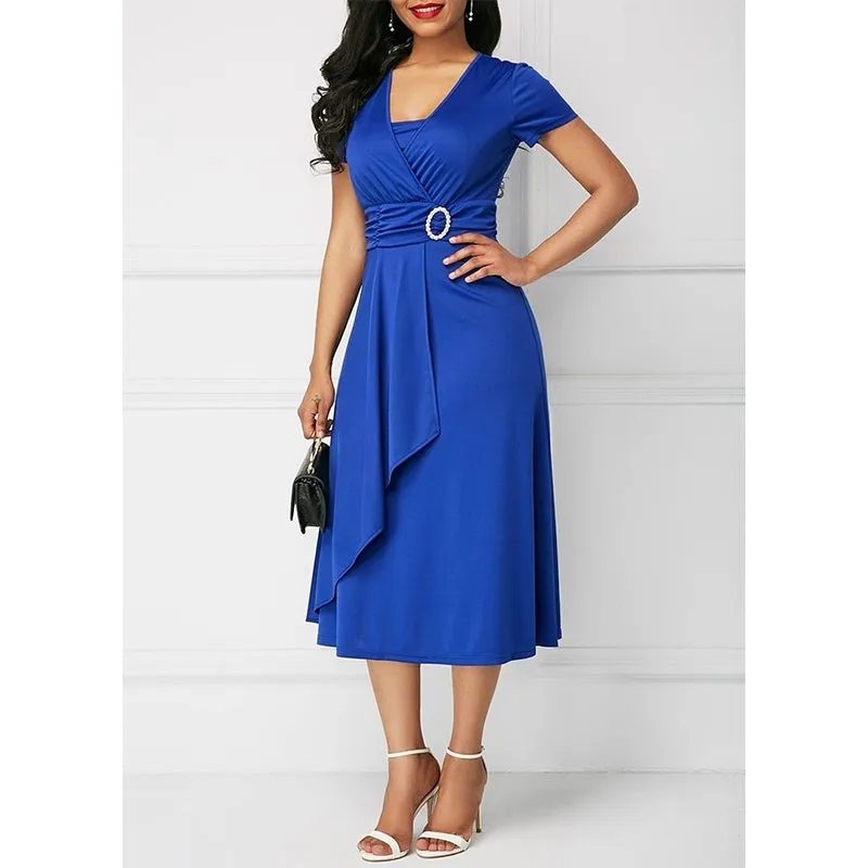 Summer short sleeves peplum flare midi dress | Elegant evening cocktail party dress