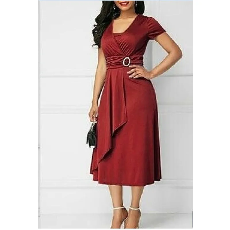 Summer short sleeves peplum flare midi dress | Elegant evening cocktail party dress