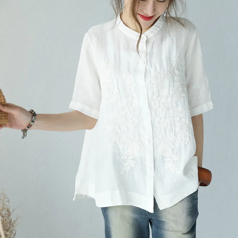 Summer Stand Collar A Line Embroidery Doll T Shirt Women Blouse Q1006