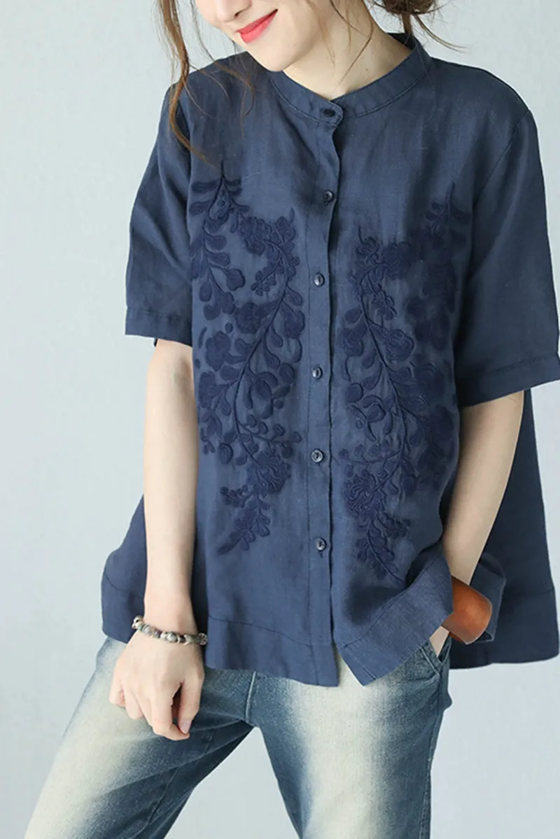 Summer Stand Collar A Line Embroidery Doll T Shirt Women Blouse Q1006