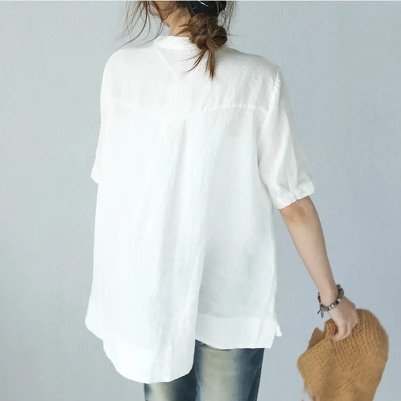 Summer Stand Collar A Line Embroidery Doll T Shirt Women Blouse Q1006