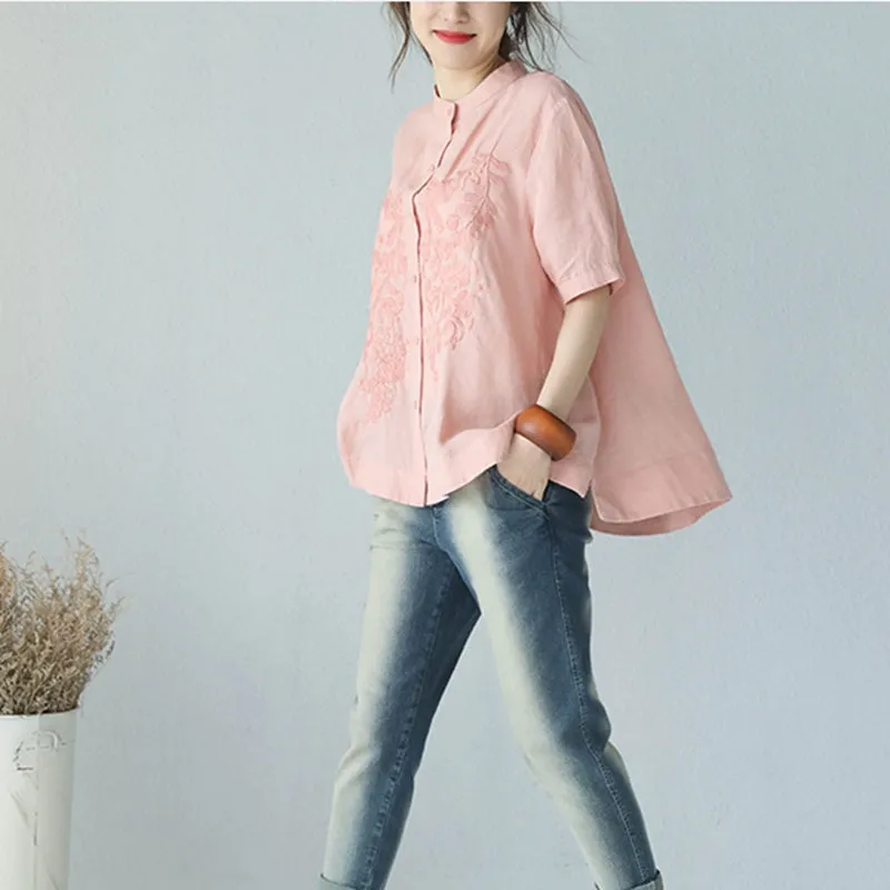 Summer Stand Collar A Line Embroidery Doll T Shirt Women Blouse Q1006