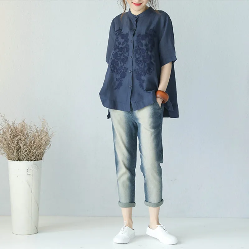 Summer Stand Collar A Line Embroidery Doll T Shirt Women Blouse Q1006