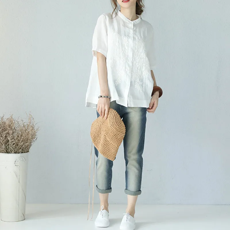 Summer Stand Collar A Line Embroidery Doll T Shirt Women Blouse Q1006