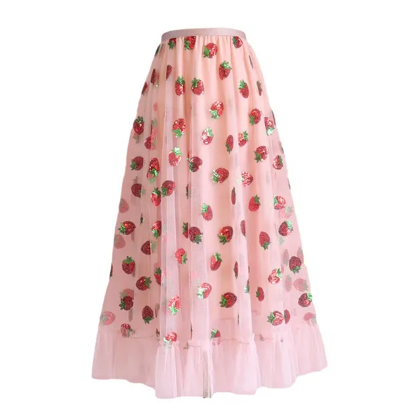 Sweet Strawberry Elastic Waist Ruffle Skirt