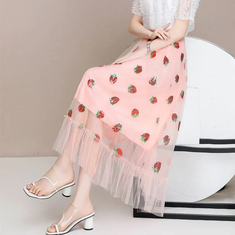 Sweet Strawberry Elastic Waist Ruffle Skirt