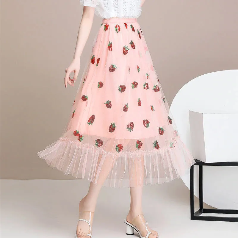 Sweet Strawberry Elastic Waist Ruffle Skirt