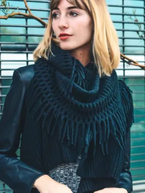 Tassel Knit Fringe Infinity Scarf - Black