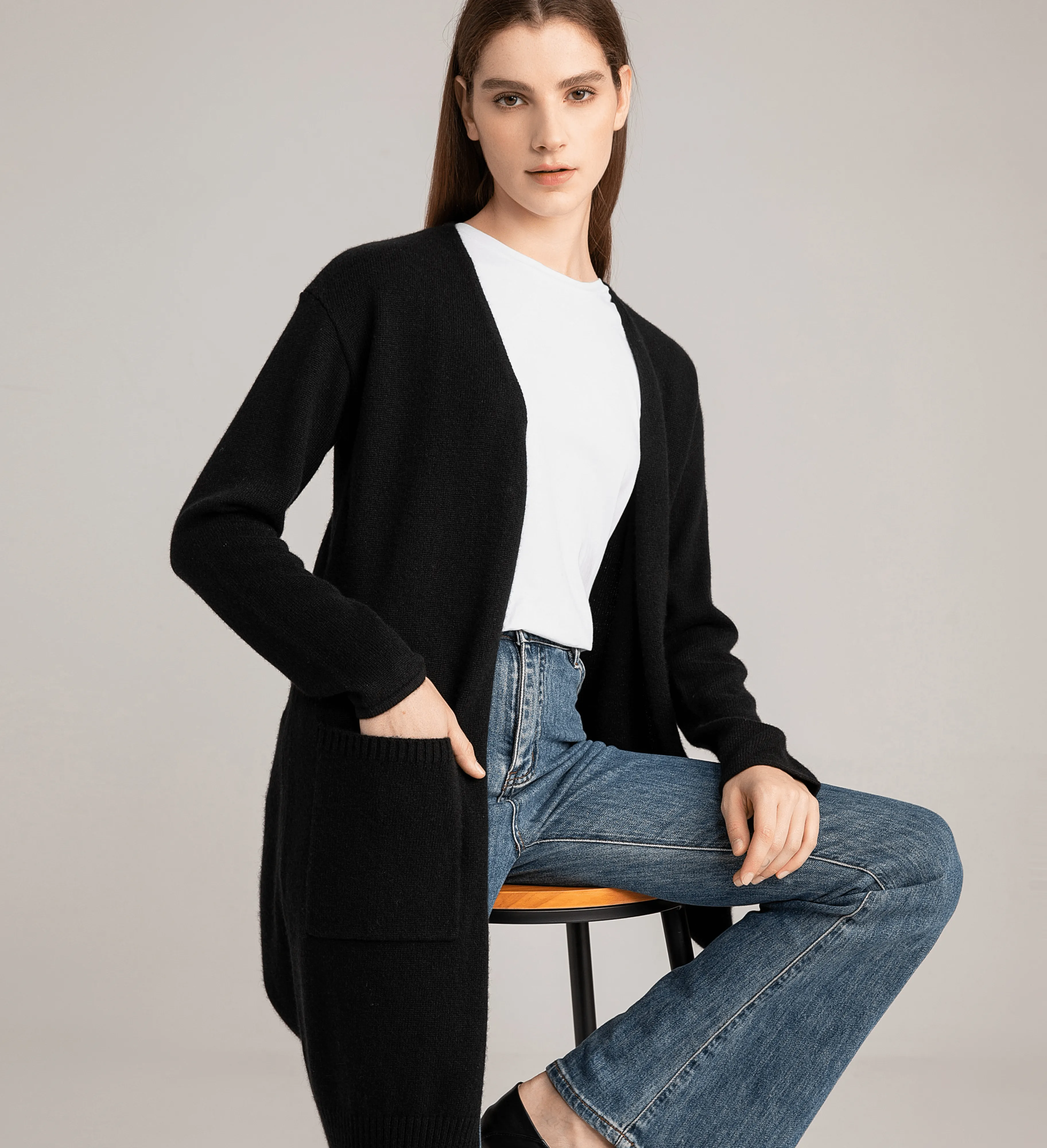 The Open Front Long Cashmere Cardigan with Pockets