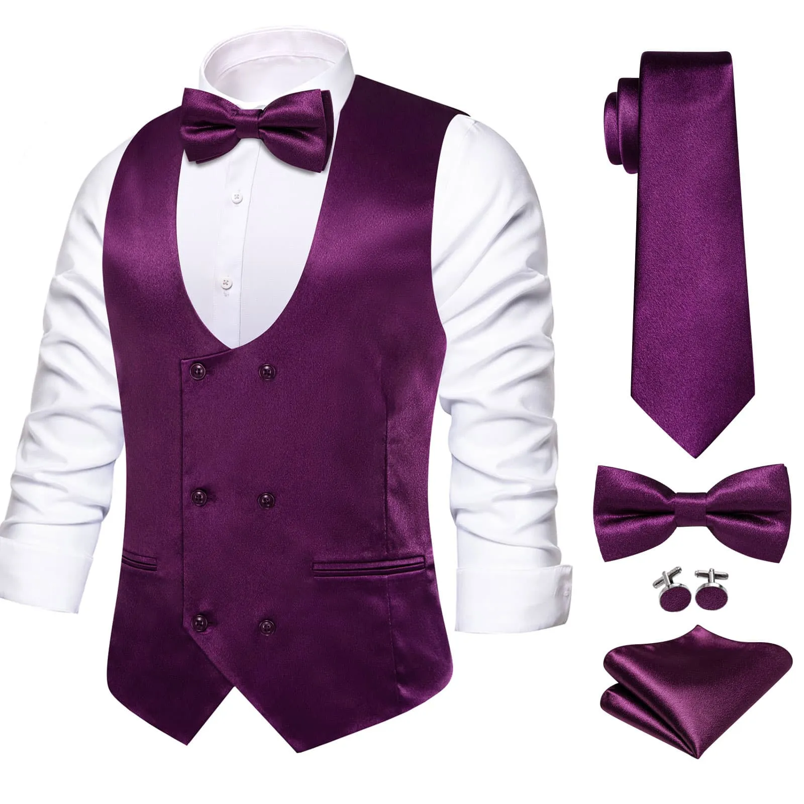 Ties2you Double Breasted Vest Deep Purple Solid Mens Vest Tie Bowtie Set 5PC