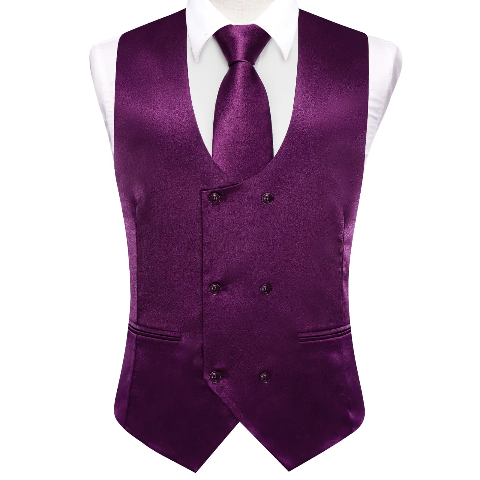 Ties2you Double Breasted Vest Deep Purple Solid Mens Vest Tie Bowtie Set 5PC