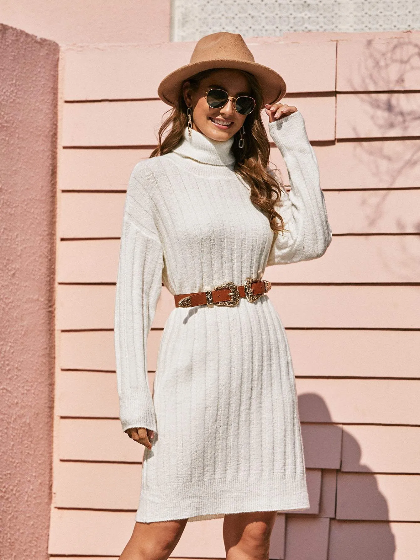 Turtleneck Fluffy Knit Jumper Dress Without Bag