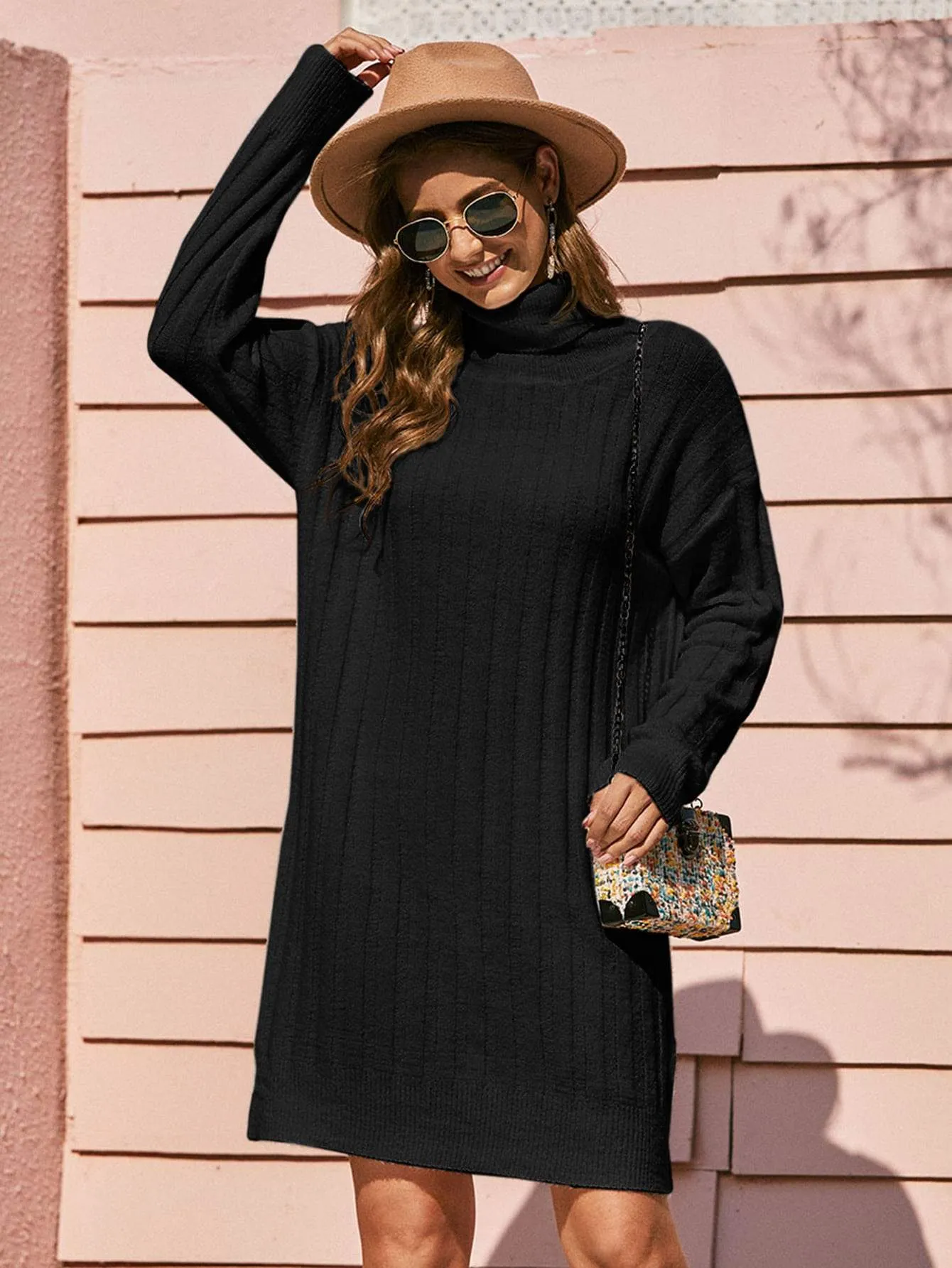 Turtleneck Fluffy Knit Jumper Dress Without Bag