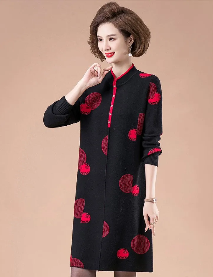 V Neck Long Sleeve Knee Length A-line Knit Dress