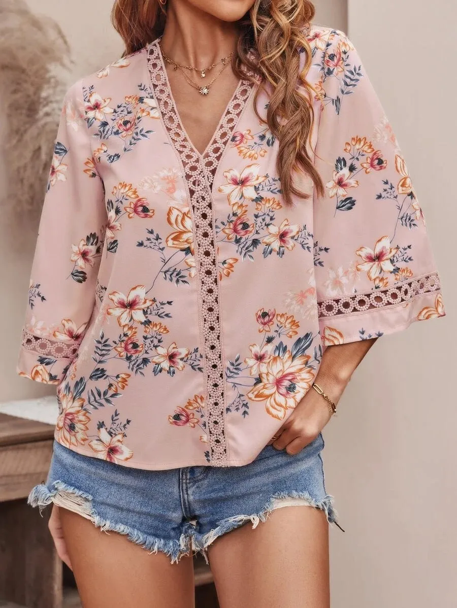 V-Neck Print Panel Lace Flare Sleeve Top Blouse