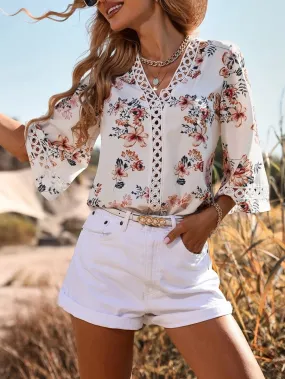 V-Neck Print Panel Lace Flare Sleeve Top Blouse