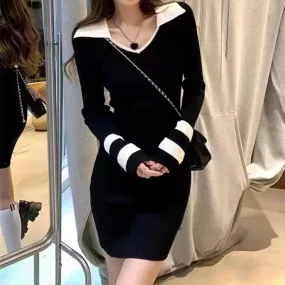 V-Neck Versatile Long-Sleeved Hip-Covering Knitted Dress