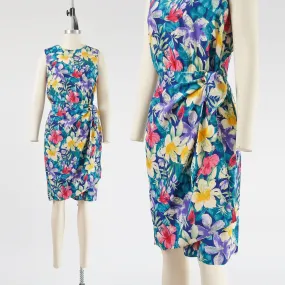 Vintage 90s Tropical Floral Dress 100% Silk Wrap Around Sarong Skirt Tie Waist Sheath Dress size S M