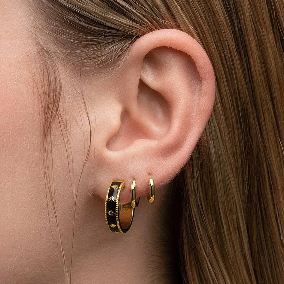 VYVIAN. Tiny Stars Black Enamel Hoop Earrings - Gold