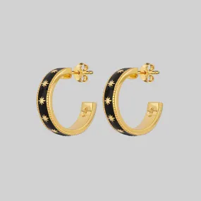 VYVIAN. Tiny Stars Black Enamel Hoop Earrings - Gold