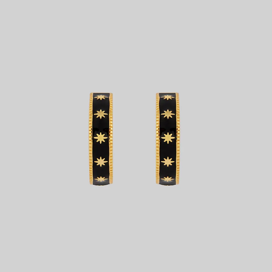 VYVIAN. Tiny Stars Black Enamel Hoop Earrings - Gold