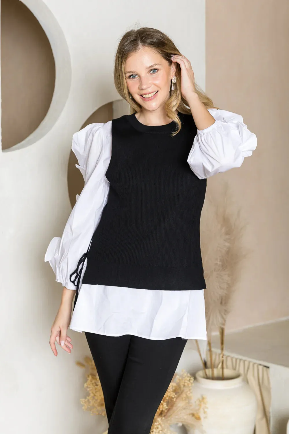 Wanelle Top with Ruffled Sleeves and Detachable Knitted Sweater Vest  #064