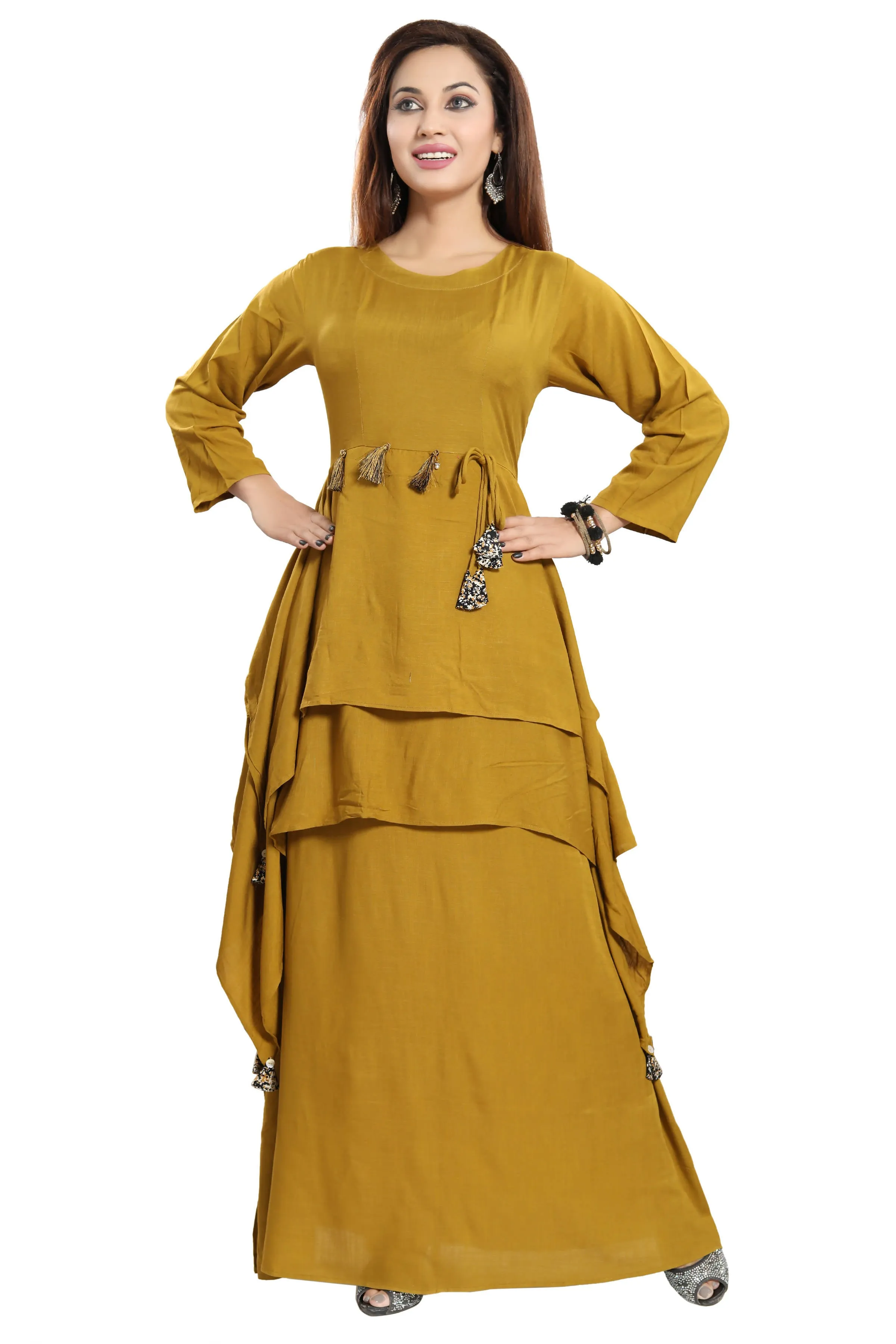 Women Mustard Layered Solid Maxi Dress