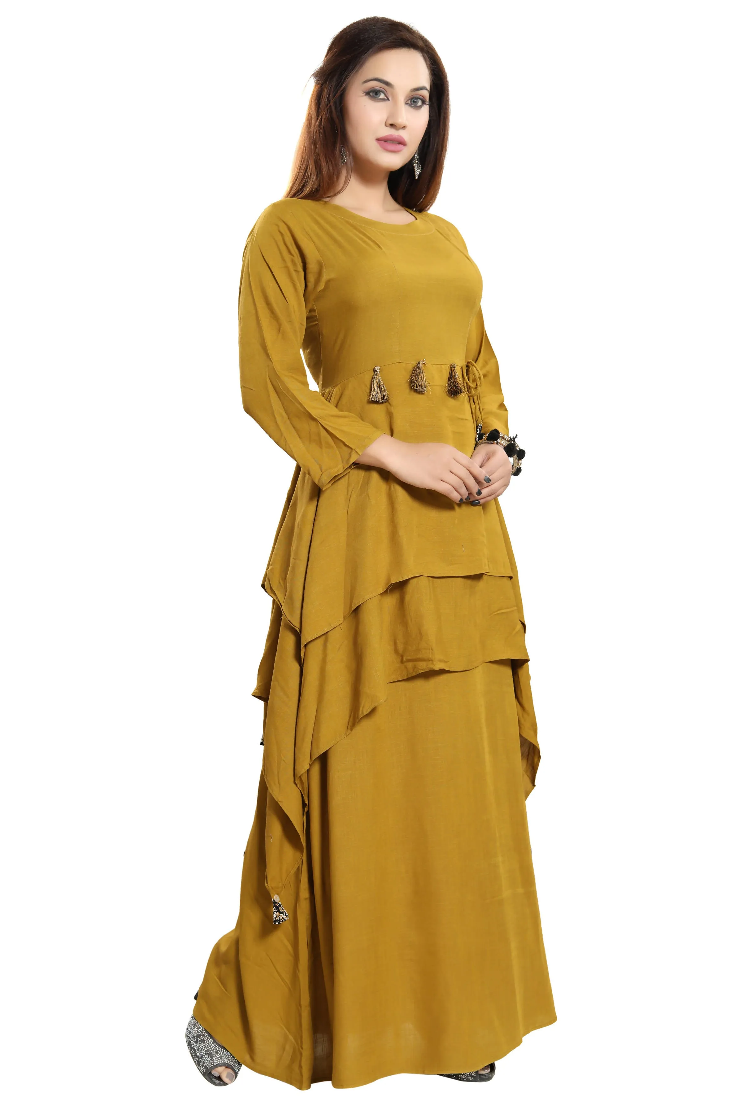 Women Mustard Layered Solid Maxi Dress