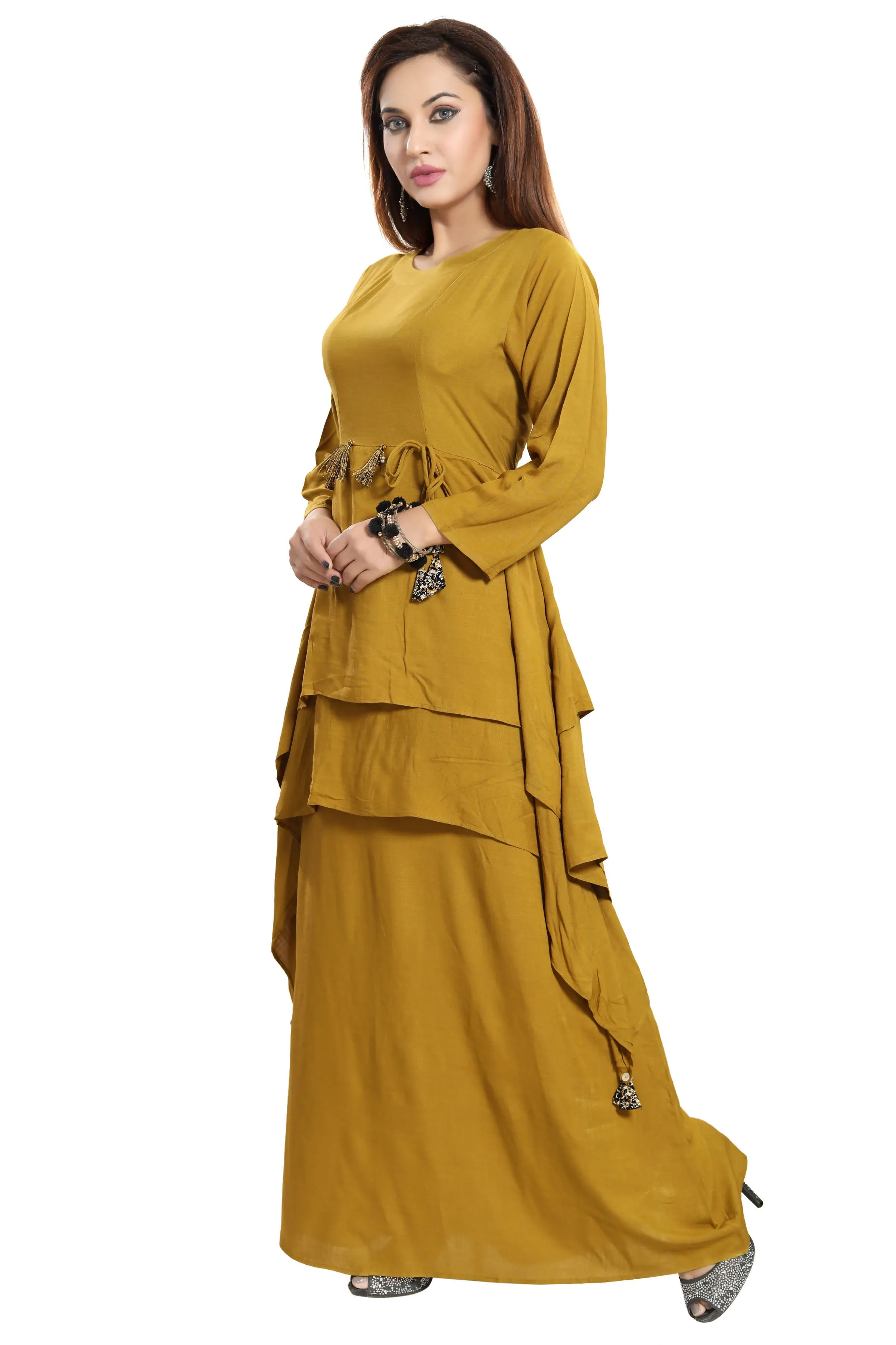 Women Mustard Layered Solid Maxi Dress