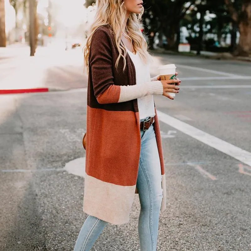 Women Striped Color Block Long Cardigan