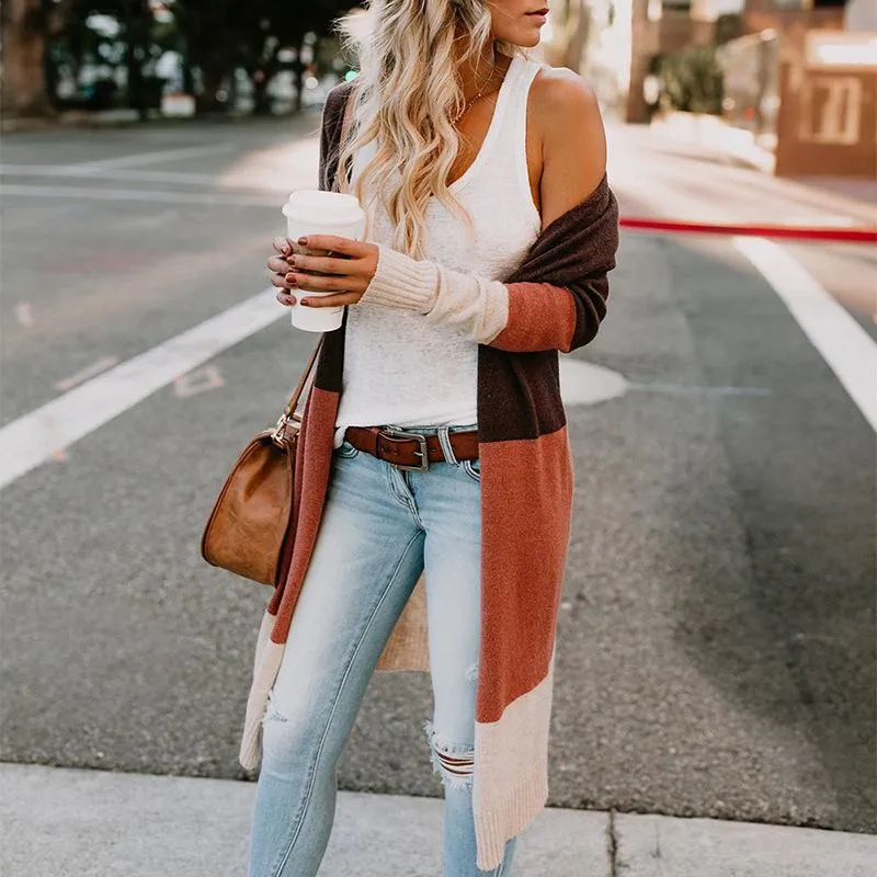 Women Striped Color Block Long Cardigan