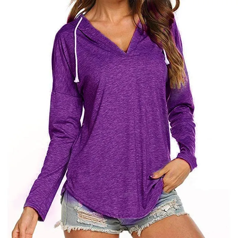 Women v neck sweatshirt drawsting solid color pullover hoodie