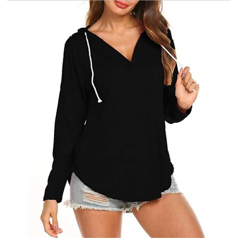 Women v neck sweatshirt drawsting solid color pullover hoodie