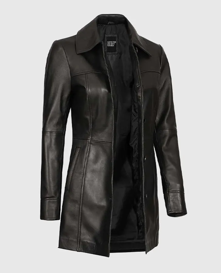 Women's Black Leather Long  Coat