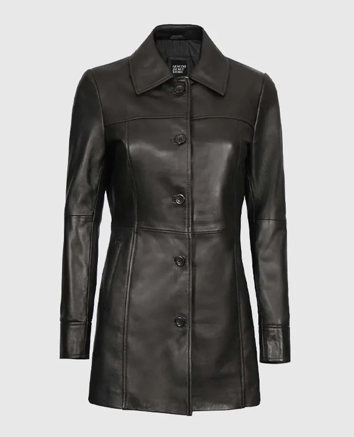 Women's Black Leather Long  Coat