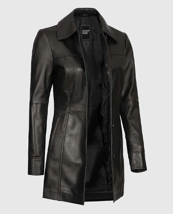 Women's Black Leather Long  Coat