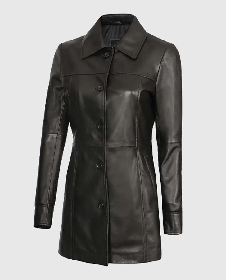 Women's Black Leather Long  Coat