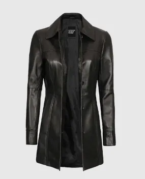 Women's Black Leather Long  Coat