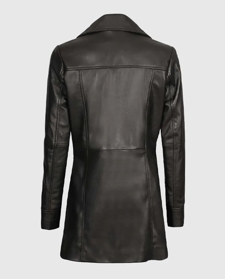 Women's Black Leather Long  Coat